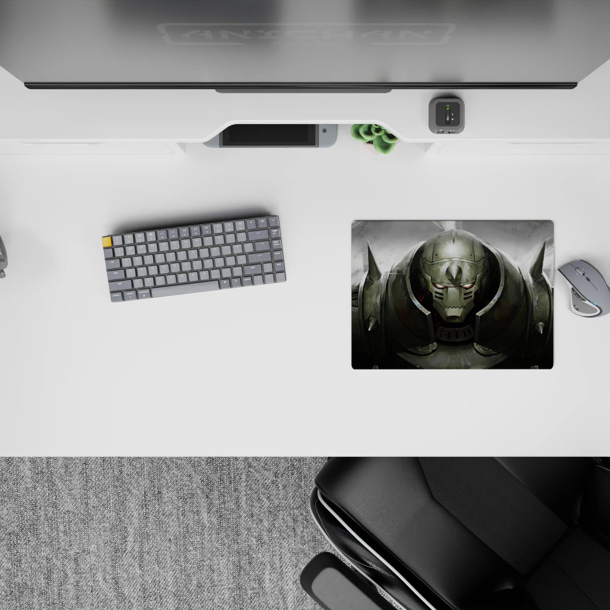 14x10 inches anime mouse pad in smoky greys and brushed metal, red sparks, dark gritty raid mood.