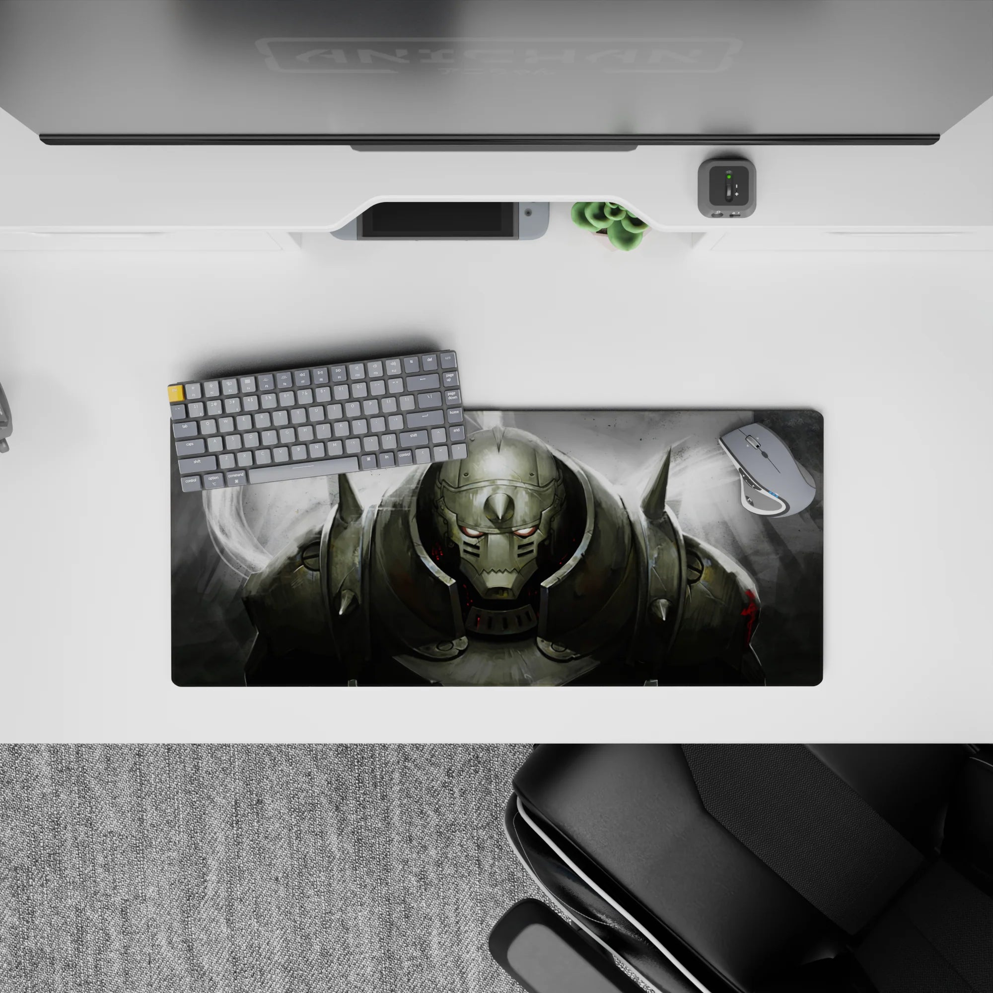 28x12 inches anime mouse pad in smoky greys and brushed steel tones, glowing eyes, gritty battle vibe.
