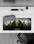 28x12 inches anime mouse pad in smoky greys and brushed steel tones, glowing eyes, gritty battle vibe.