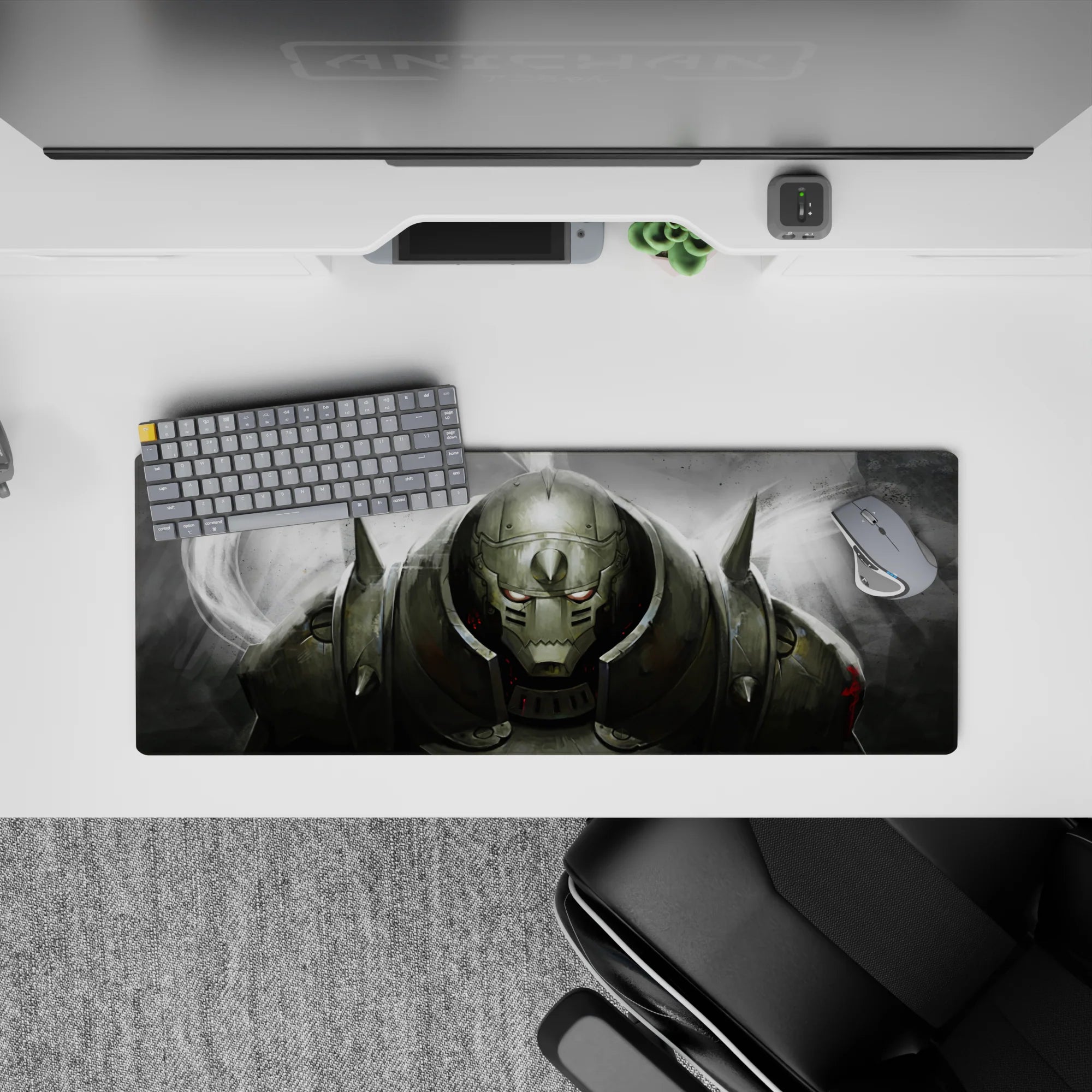 32x12 inches anime mouse pad in smoky greys and brushed steel highlights, with red sparks and a dark mood.