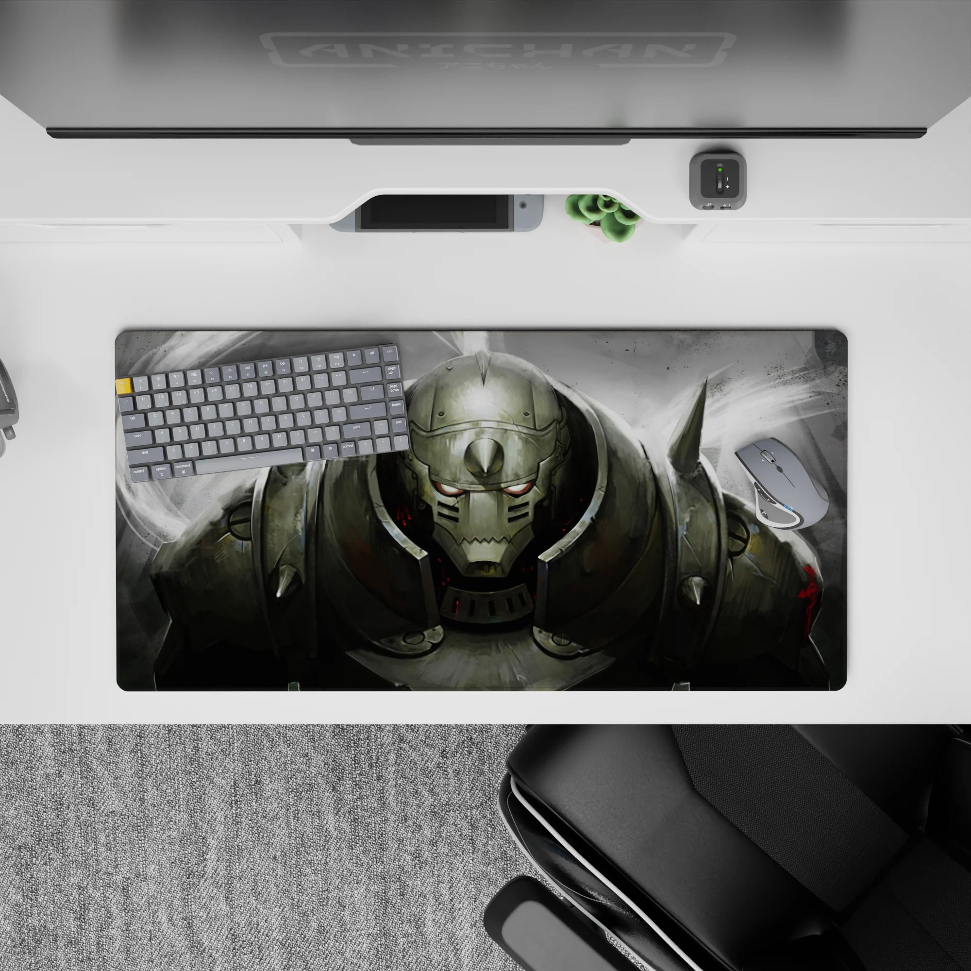 Dark smoky grey and brushed metal anime mouse pad with red sparks, battle-worn mood, 32x16 inches.