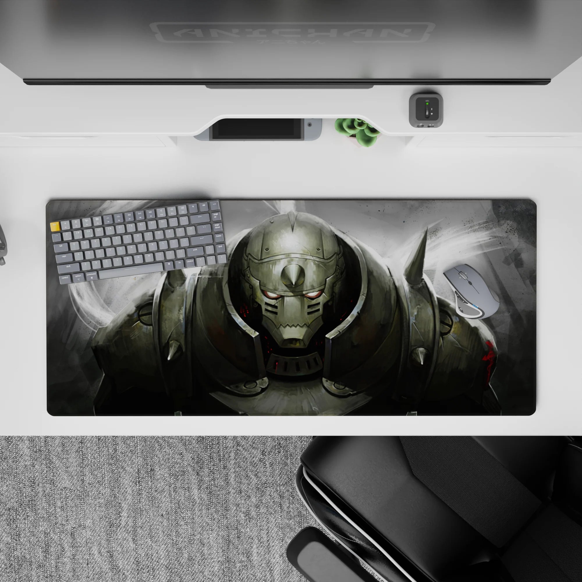 Dark smoky grey 36x16 inches anime desk pad with brushed metal highlights, red sparks, and gritty mood.