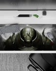 Dark smoky grey 36x16 inches anime desk pad with brushed metal highlights, red sparks, and gritty mood.