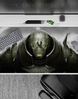 40x20 inches anime desk pad in smoky greys and steel tones, glowing eyes and battle-worn scratches, dark mood.