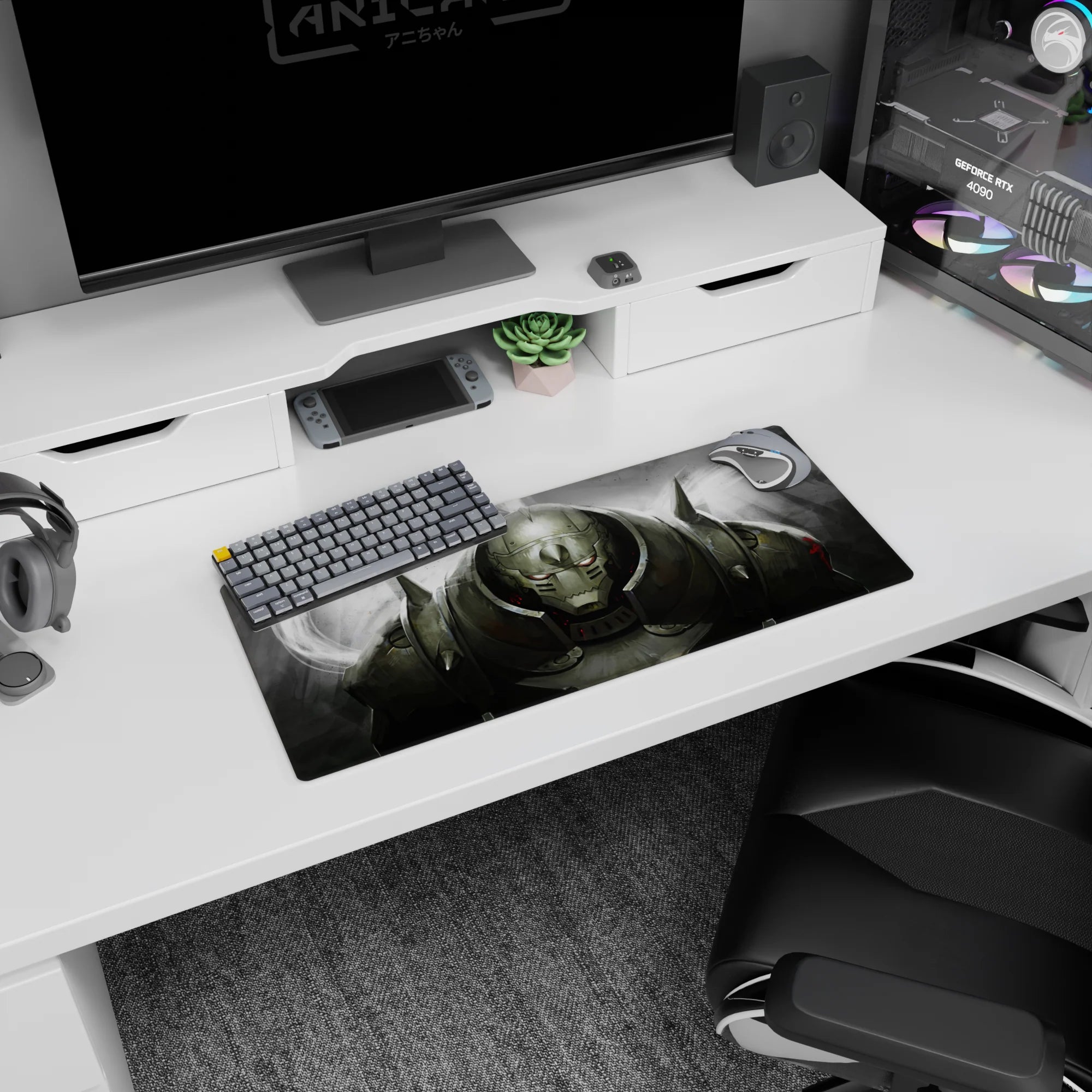 28x12 inches anime mouse pad showing a steel giant with horned pauldrons, furious glowing eyes, sparks.
