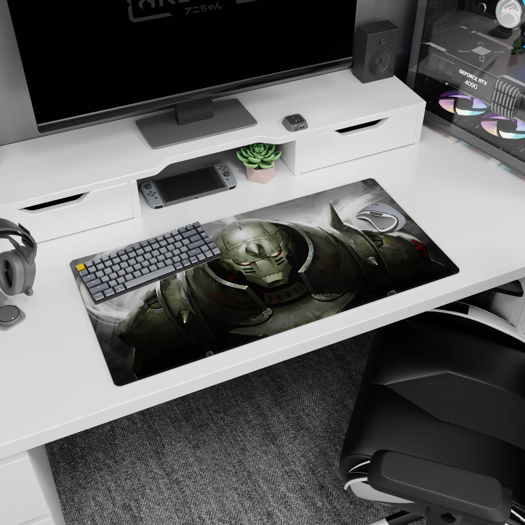 Horned helmeted steel giant with glowing eyes amid smoke and sparks anime mouse pad, 32x16 inches.