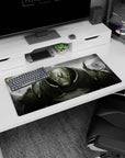 Horned helmeted steel giant with glowing eyes amid smoke and sparks anime mouse pad, 32x16 inches.