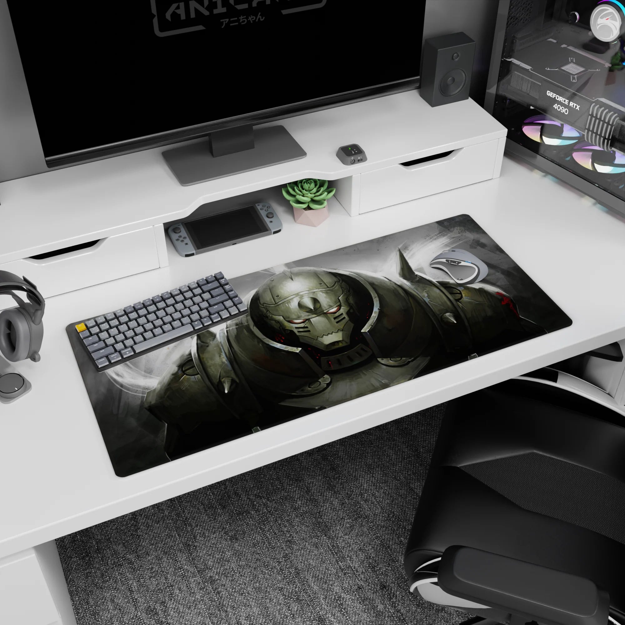 Steel giant in horned pauldrons 36x16 inches anime desk pad, glowing eyes framed by swirling smoke and scratches.