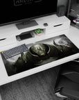 Steel giant in horned pauldrons 36x16 inches anime desk pad, glowing eyes framed by swirling smoke and scratches.