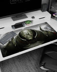 40x20 inches anime desk pad showing a steel giant with horned pauldrons and glowing eyes in swirling smoke.