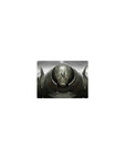 Classic anime mouse pad 14x10 inches with horned armored warrior helmet, glowing eyes, battle-worn detail.