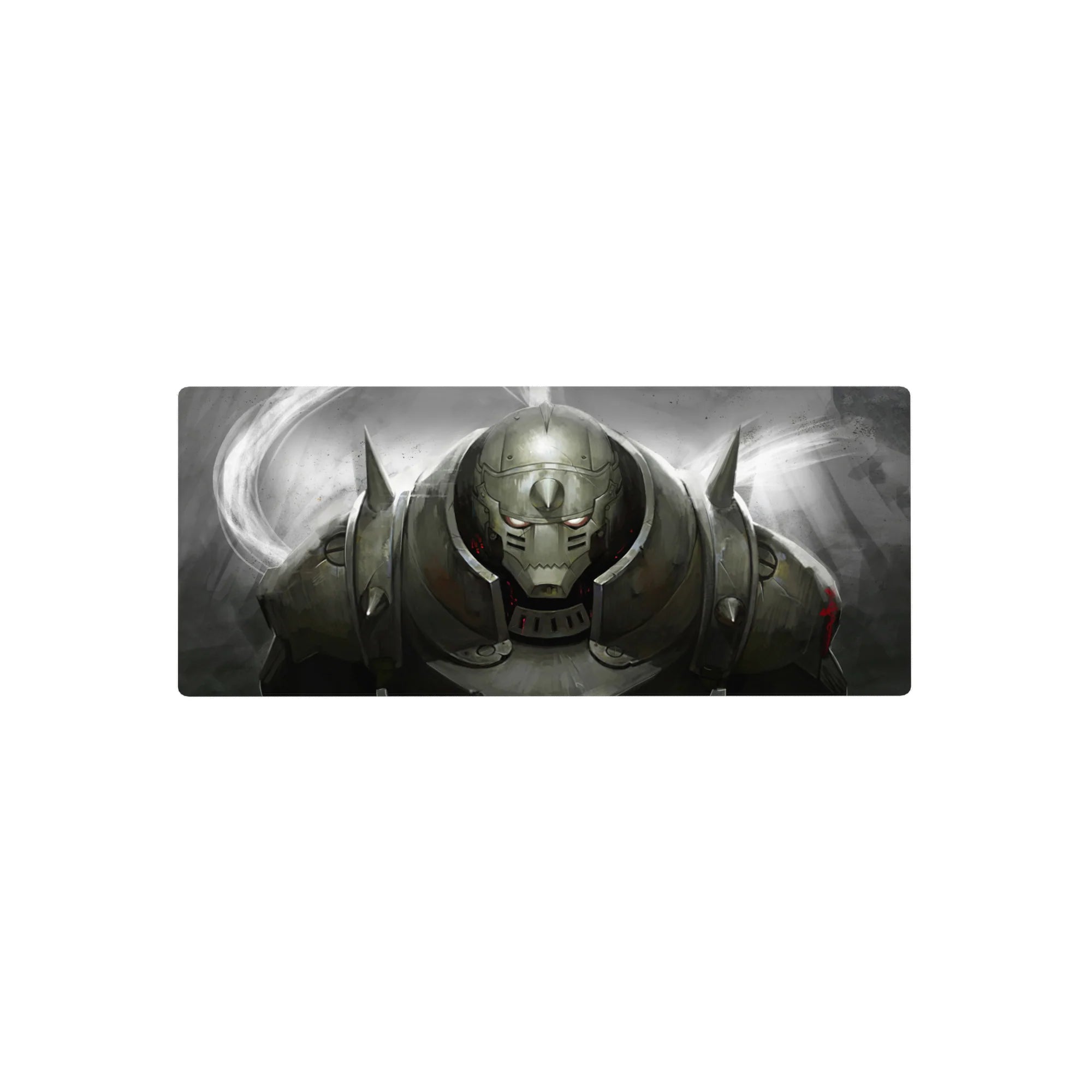 28x12 inches anime mouse pad with horned armored knight helmet, smoky metal backdrop, red sparks.