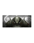 28x12 inches anime mouse pad with horned armored knight helmet, smoky metal backdrop, red sparks.