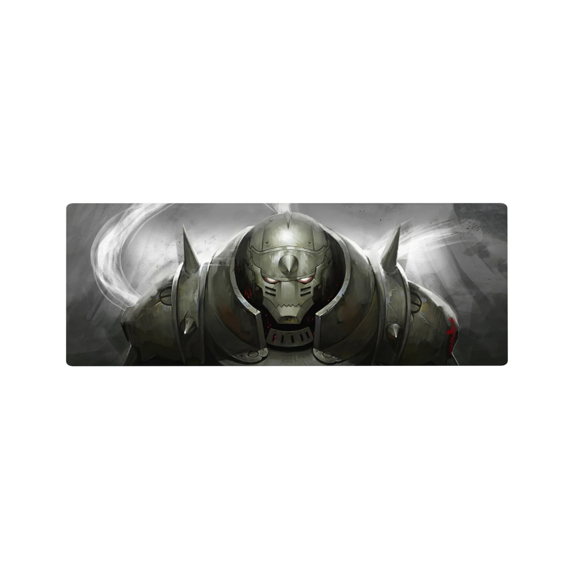 32x12 inches anime mouse pad with a horned armored warrior helmet, metal textures, and battle-worn sparks.