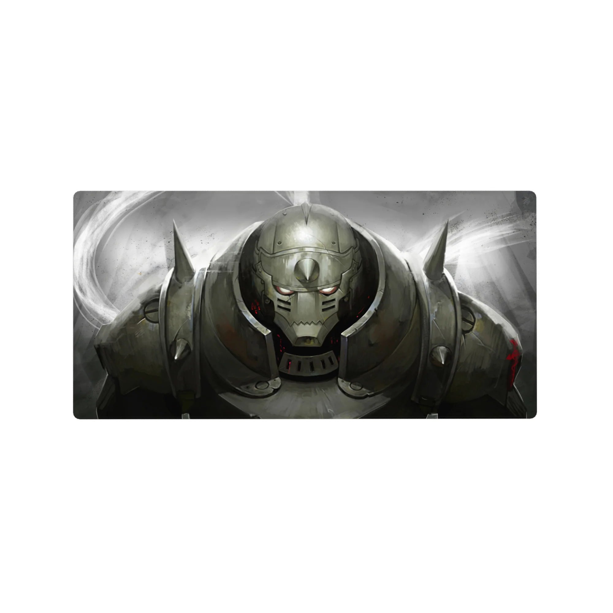 Steel armored anime warrior desk mouse pad with horned pauldrons and glowing eyes, 32x16 inches.