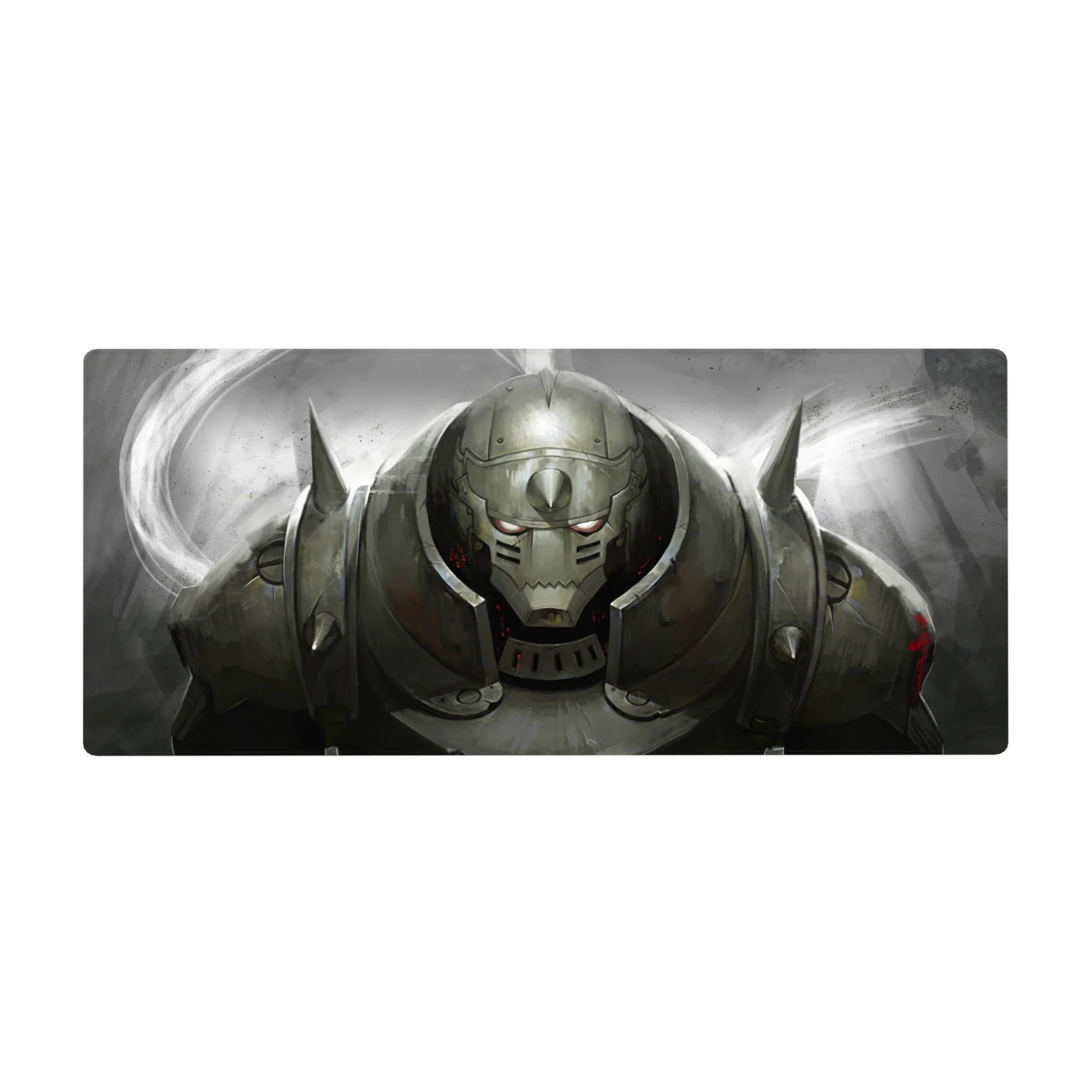 Anime desk pad 36x16 inches featuring a horned armored warrior helmet with sparks and battle-worn details.