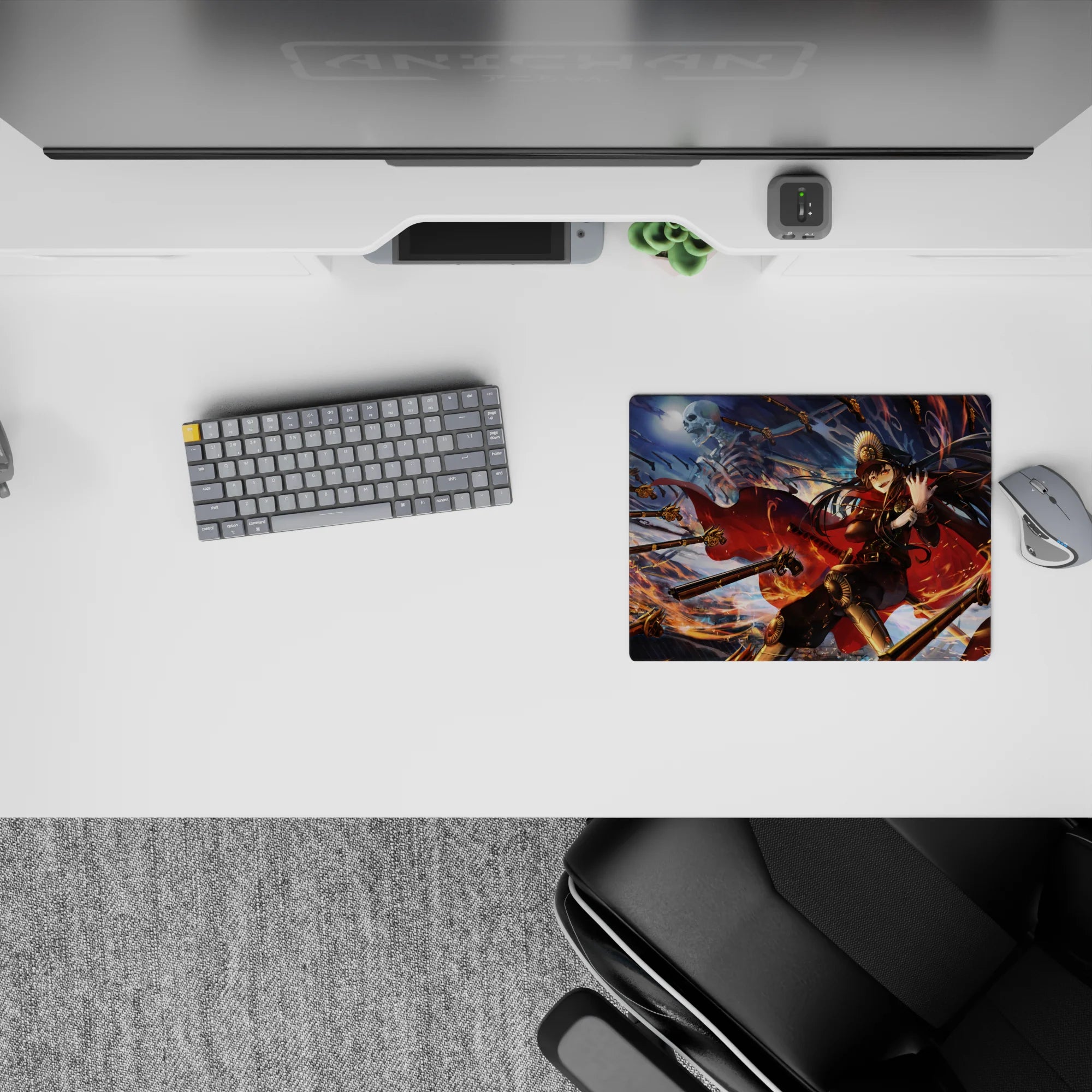 Anime girl mouse pad 14x10 inches in ember gold and midnight blue, intense stormy action vibe.