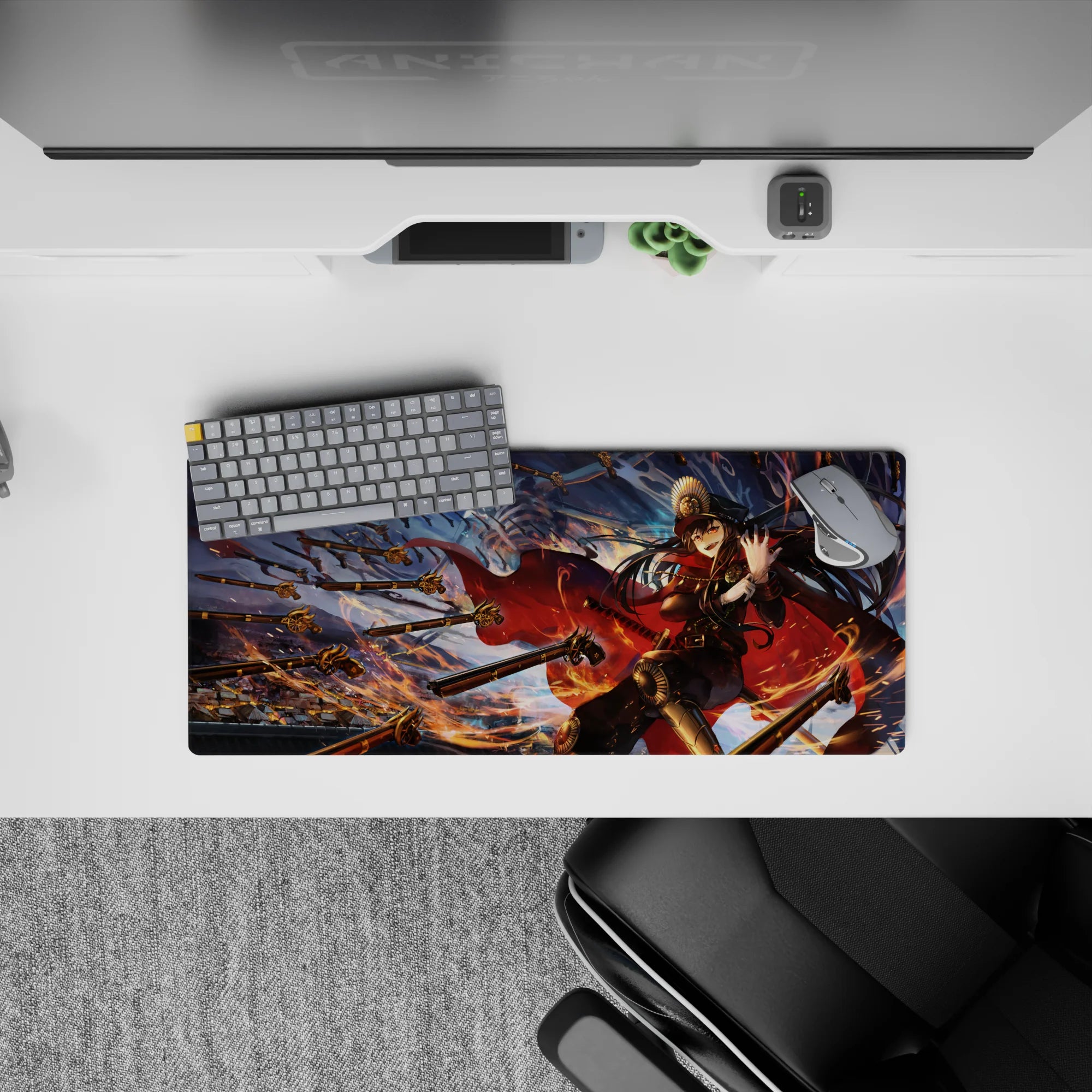 Anime girl mouse pad 28x12 inches in midnight blues and hot embers, fiery motion lines and ominous sky giant.