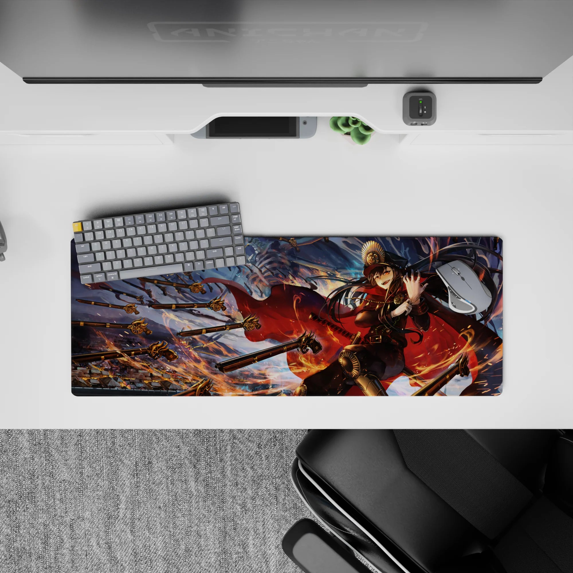 32x12 inches anime girl mouse pad in midnight blues and fiery gold, intense stormy motion with chilling backdrop.
