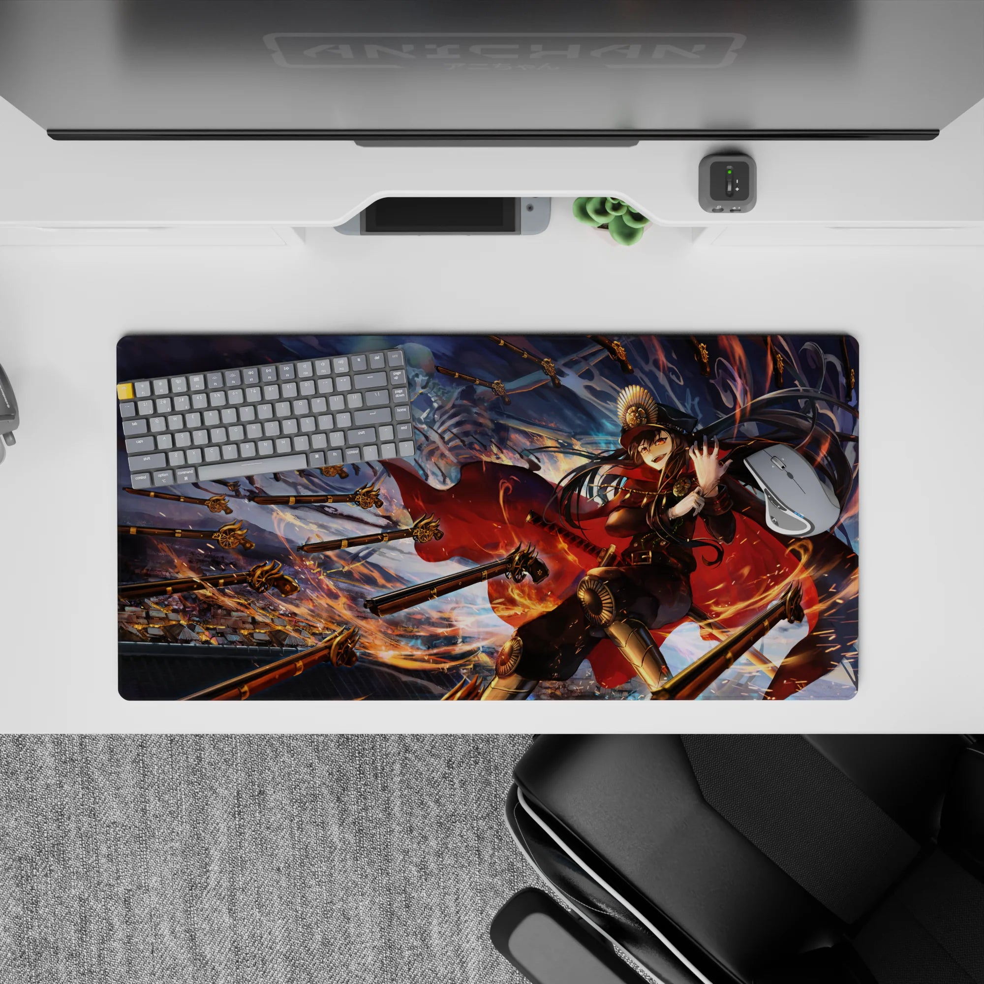 32x16 inches anime girl desk mouse pad in midnight blues and fiery gold, dramatic motion lines and chill vibe.