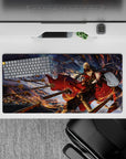 32x16 inches anime girl desk mouse pad in midnight blues and fiery gold, dramatic motion lines and chill vibe.