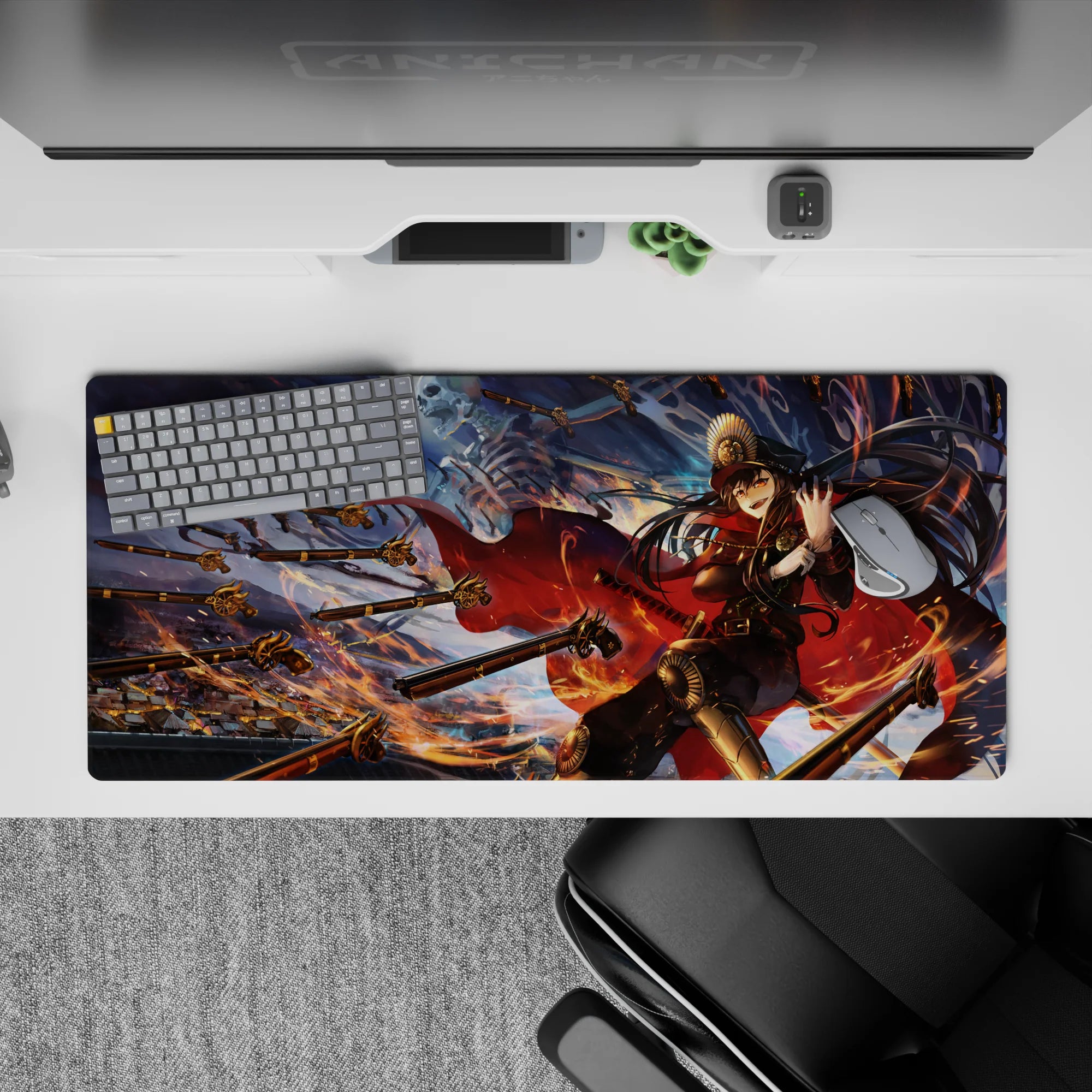 36x16 inches anime girl desk pad in ember gold and midnight blue, fiery motion lines and intense vibe.