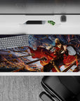 36x16 inches anime girl desk pad in ember gold and midnight blue, fiery motion lines and intense vibe.