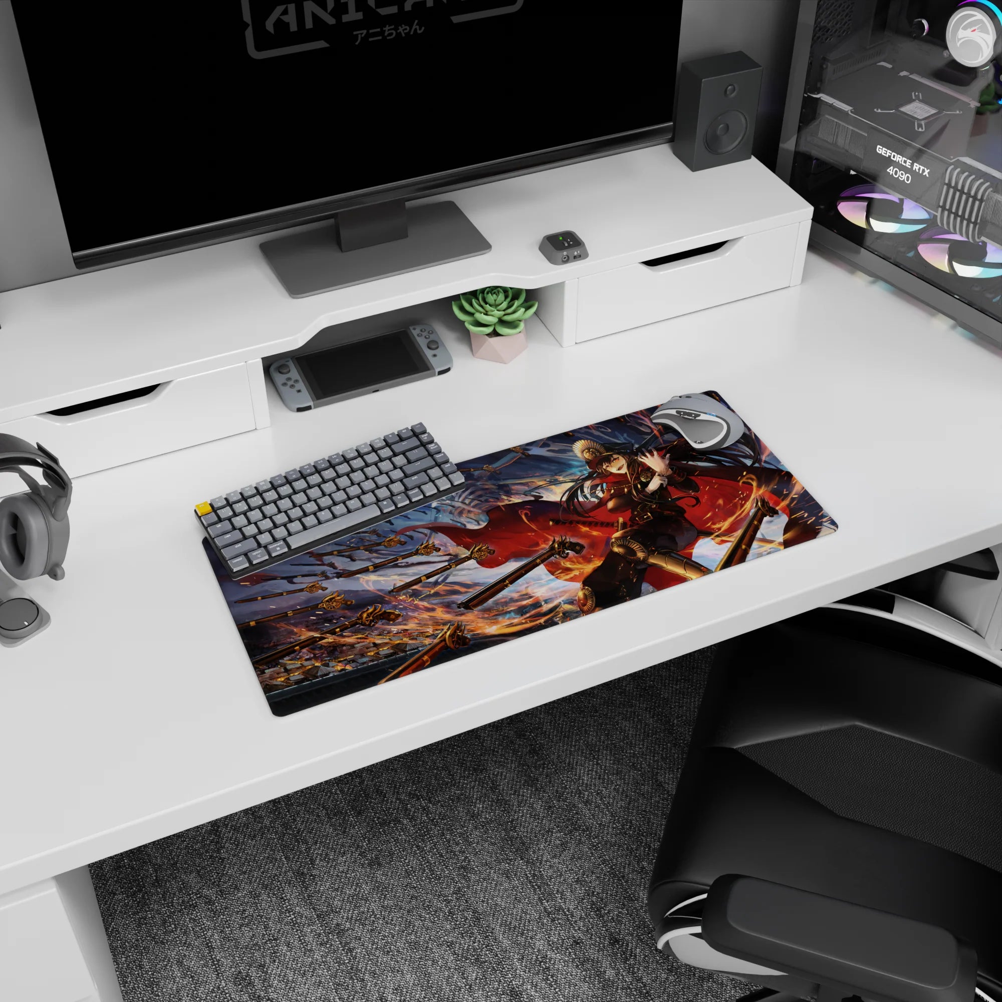 Anime girl mouse pad 28x12 inches showing a fierce smiling commander diving through flying spearheads, hair streaming.