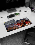 Anime girl mouse pad 28x12 inches showing a fierce smiling commander diving through flying spearheads, hair streaming.