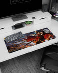 32x12 inches anime girl mouse pad showing fierce caped commander diving through golden spearheads, sharp smile.