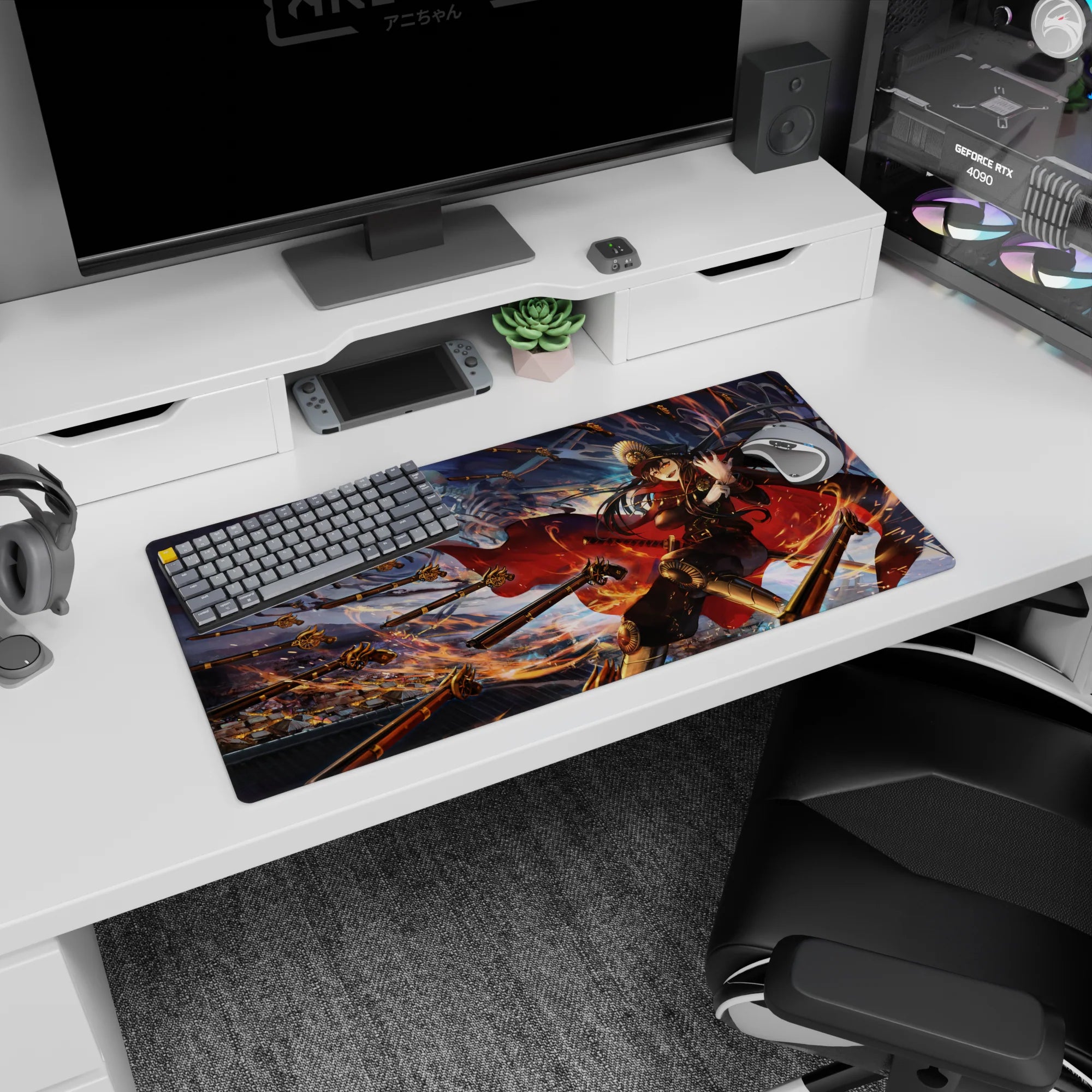 32x16 inches anime girl mouse pad showing fierce commander diving through spearstorm, cape whipping, sharp smile.