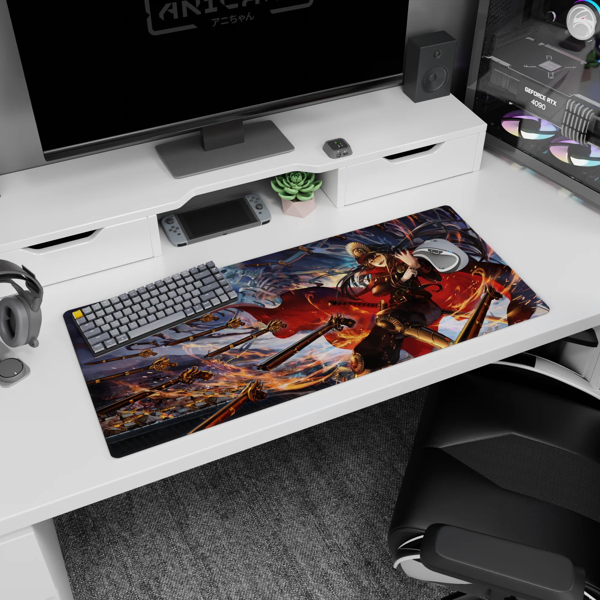 36x16 inches anime girl desk pad showing fierce captain diving through spearheads, cape and hair streaming.