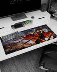 36x16 inches anime girl desk pad showing fierce captain diving through spearheads, cape and hair streaming.