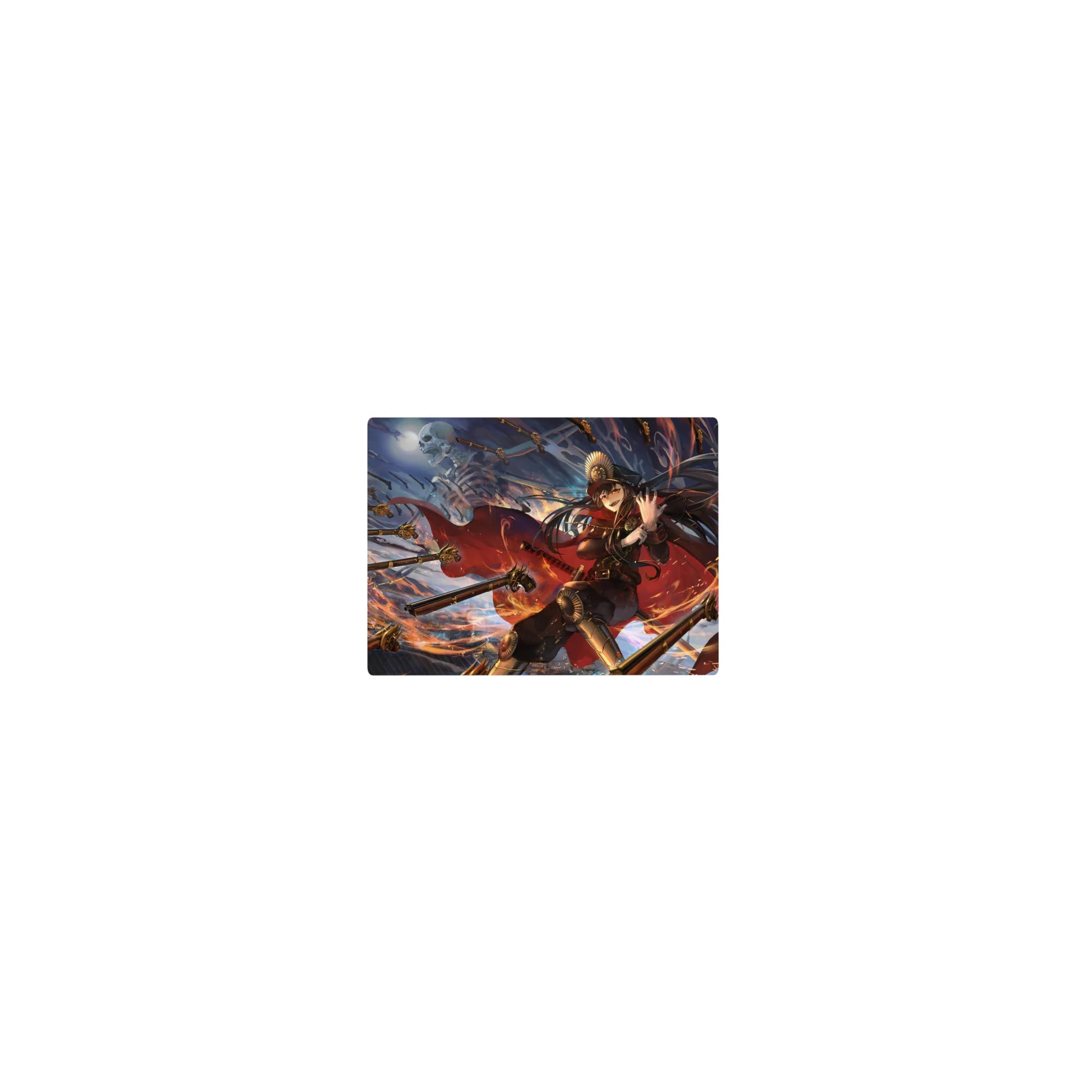 Classic anime girl mouse pad 14x10 inches, commander in dark uniform amid golden spearheads and embers.