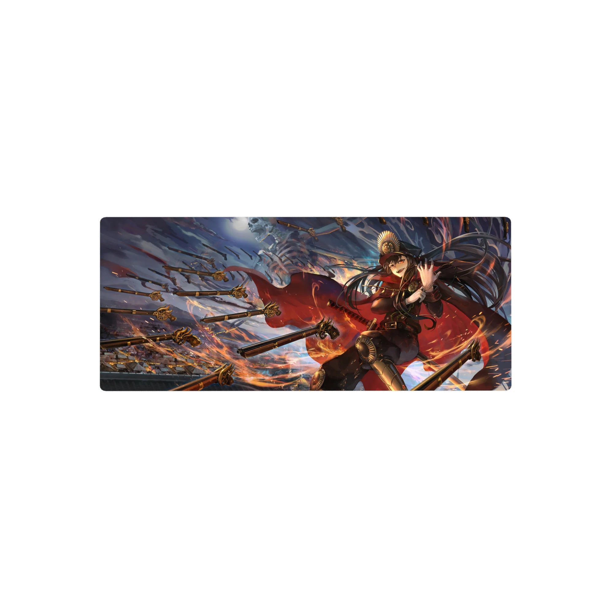 Anime girl mouse pad 28x12 inches with commander uniform, golden spear storm, ember swirls, and caped action.