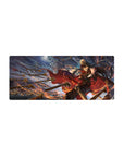 Anime girl mouse pad 28x12 inches with commander uniform, golden spear storm, ember swirls, and caped action.