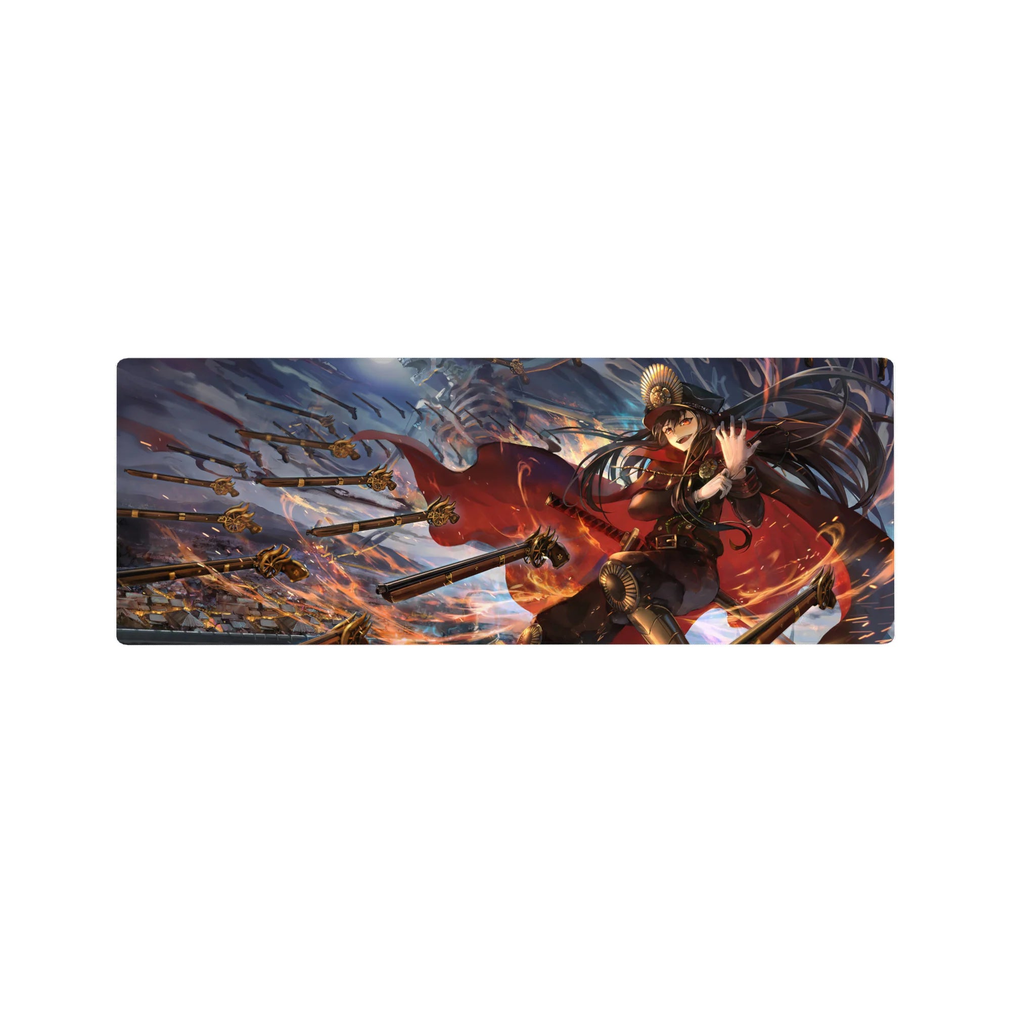 32x12 inches anime girl mouse pad with commander in dark uniform, golden spears, ember swirls, giant skull sky.
