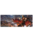 32x12 inches anime girl mouse pad with commander in dark uniform, golden spears, ember swirls, giant skull sky.