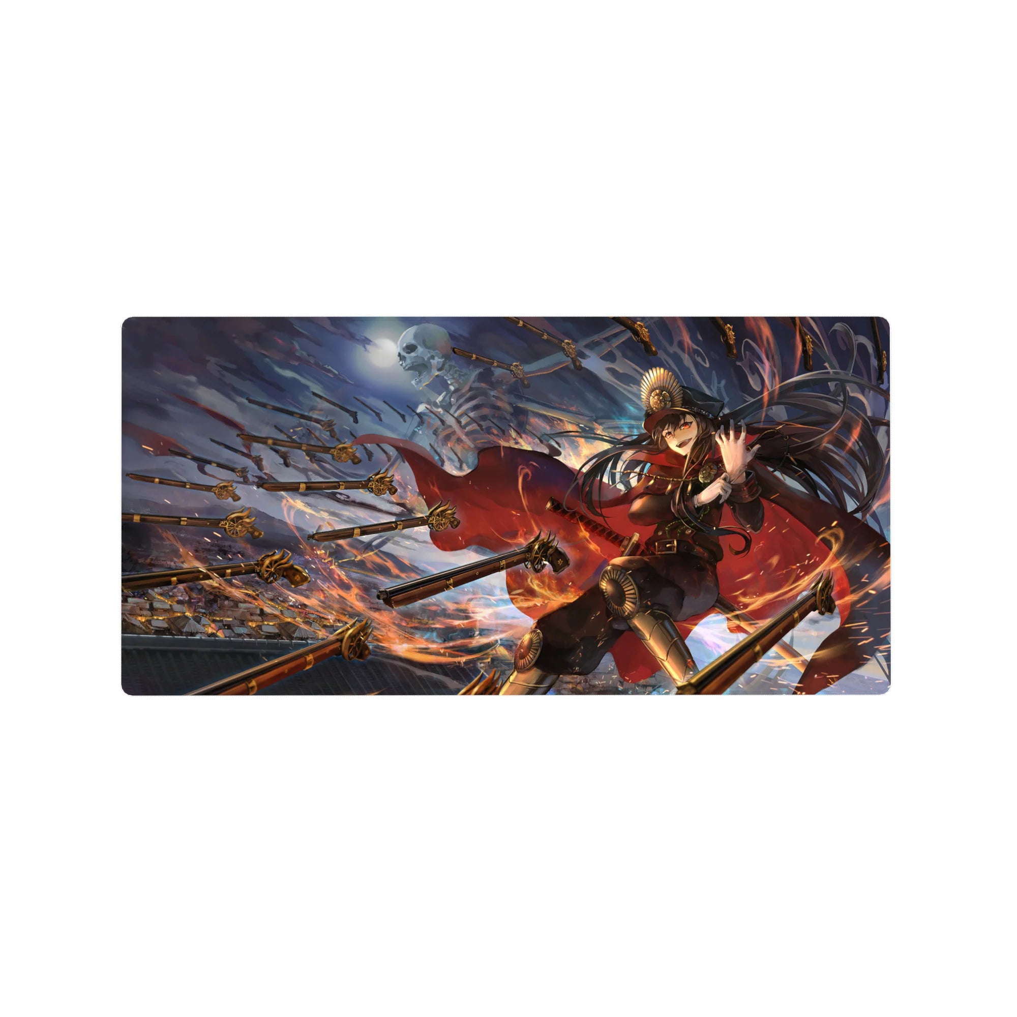 32x16 inches anime girl mouse pad with commander in dark uniform, golden spears, ember swirls, skull giant.
