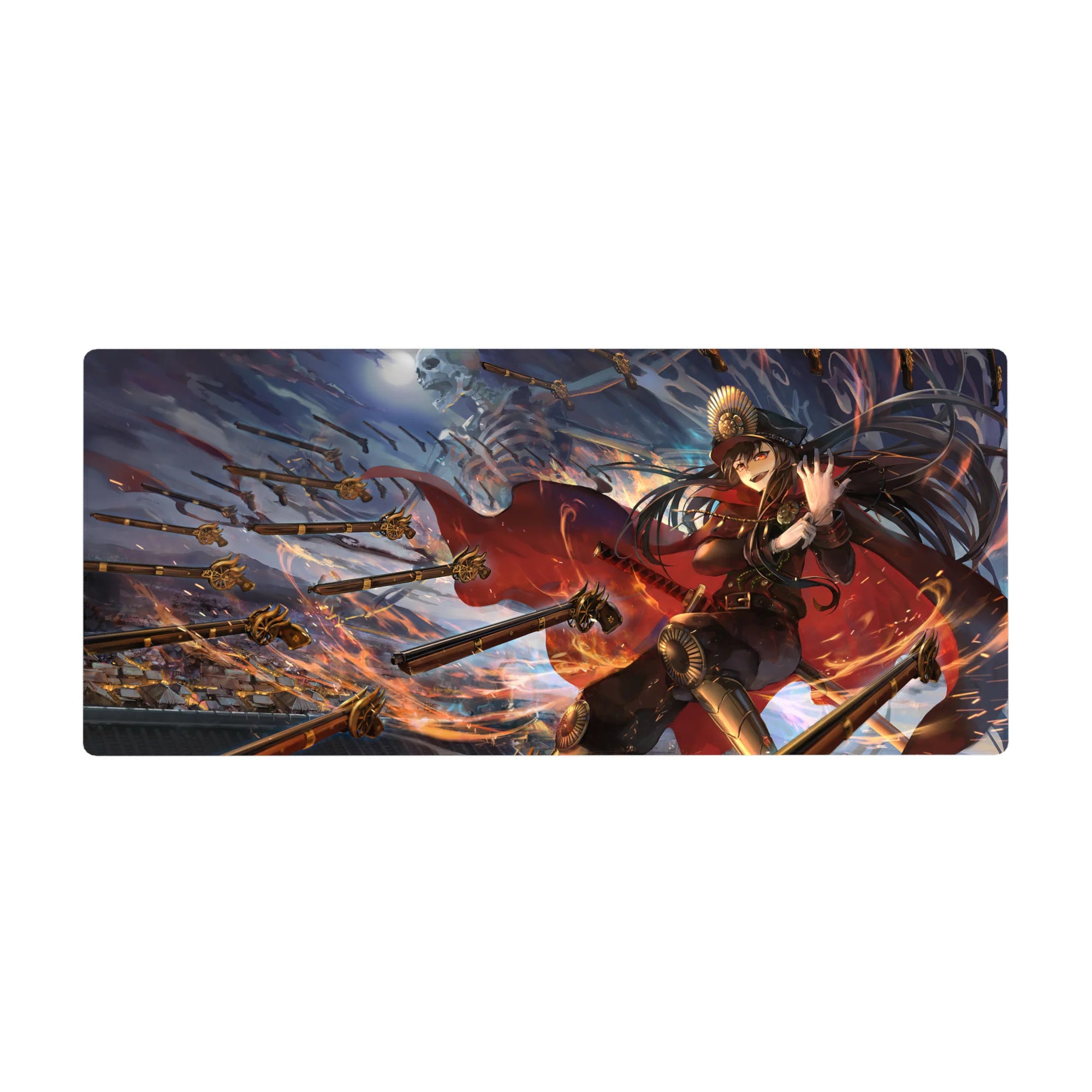 36x16 inches anime girl desk pad with commander in dark uniform, golden spear storm, skeletal giant sky.