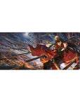 36x16 inches anime girl desk pad with commander in dark uniform, golden spear storm, skeletal giant sky.