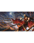 Anime girl commander storm desk pad, golden spearheads and skeletal giant sky, 40x20 inches.
