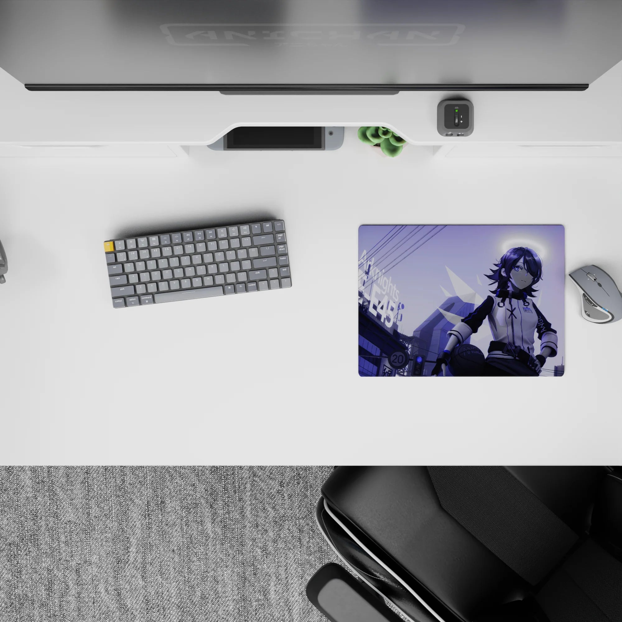 Futuristic anime girl mouse pad 14x10 inches in deep purples and violet haze, late-night arcade mood.