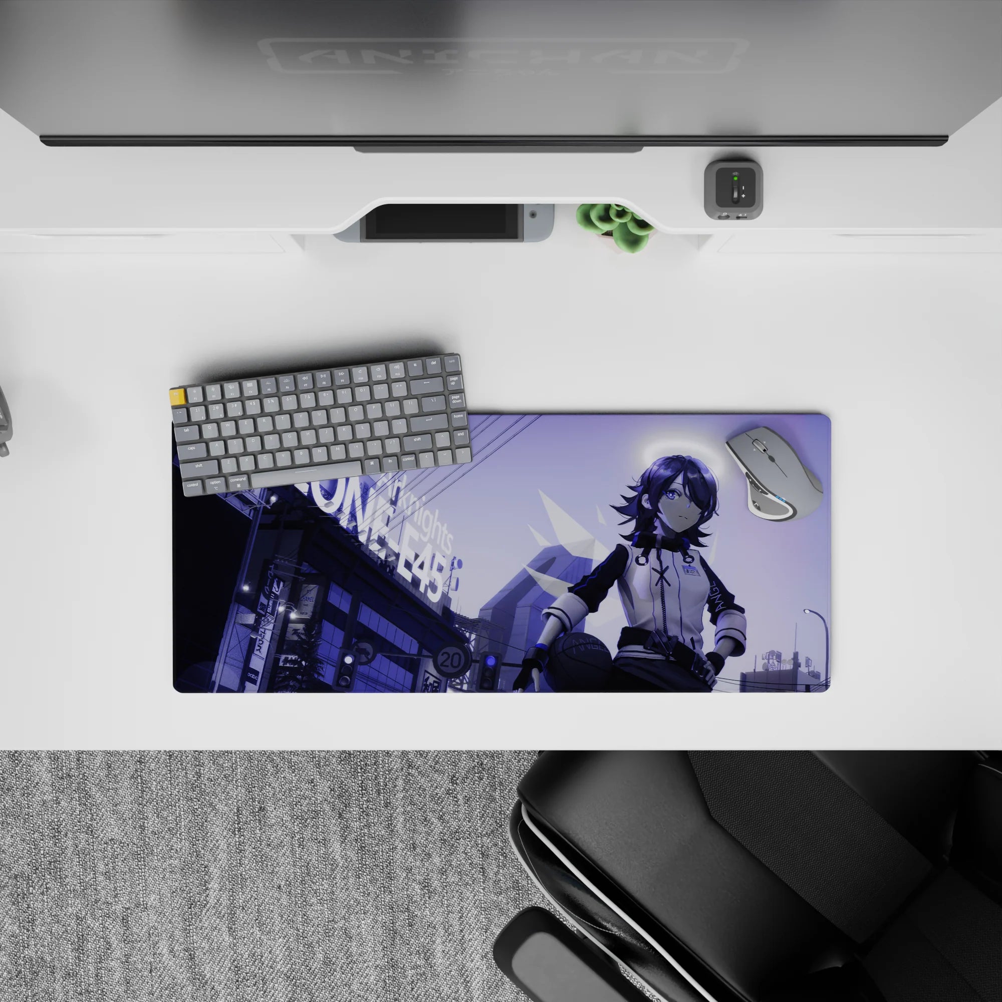 28x12 inches anime girl mouse pad in deep purples and cool violet haze, moody late-night arcade vibe.