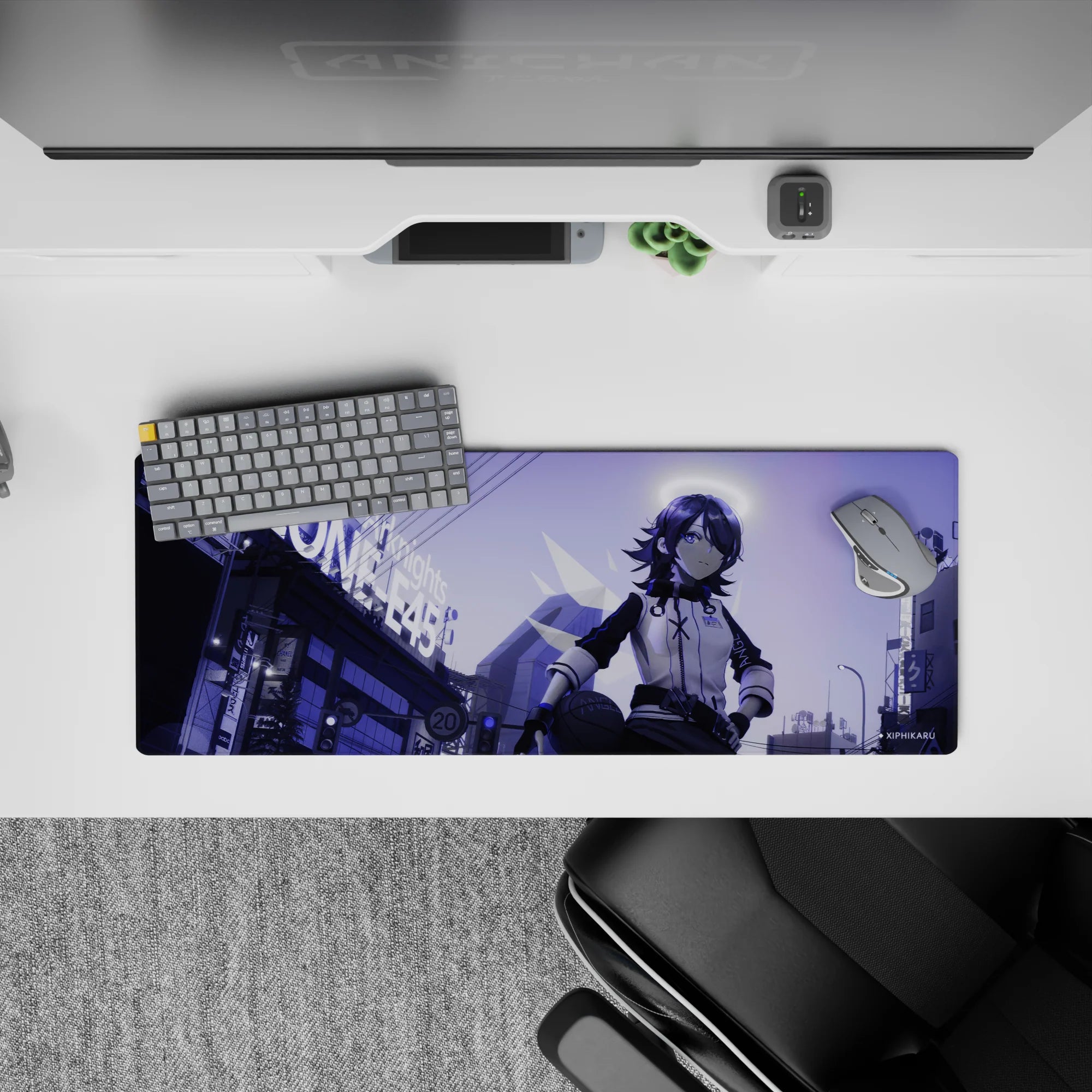 Cool violet haze anime girl mouse pad 32x12 inches with deep purples, soft gradients, late-night vibe.