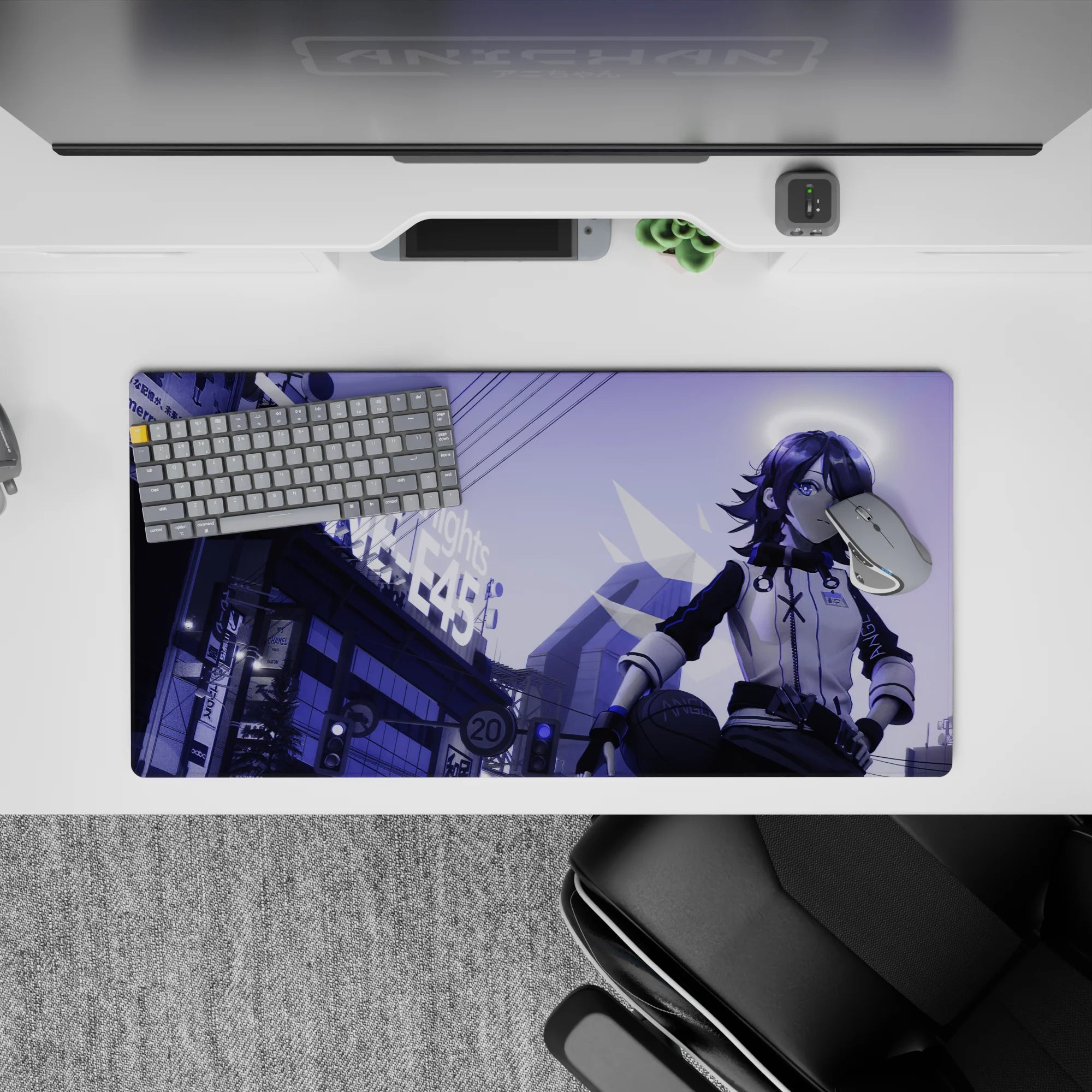 Violet haze neon aesthetic anime girl mouse pad 32x16 inches, deep purples and calm halo glow at night.