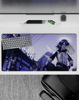 Violet haze neon aesthetic anime girl mouse pad 32x16 inches, deep purples and calm halo glow at night.