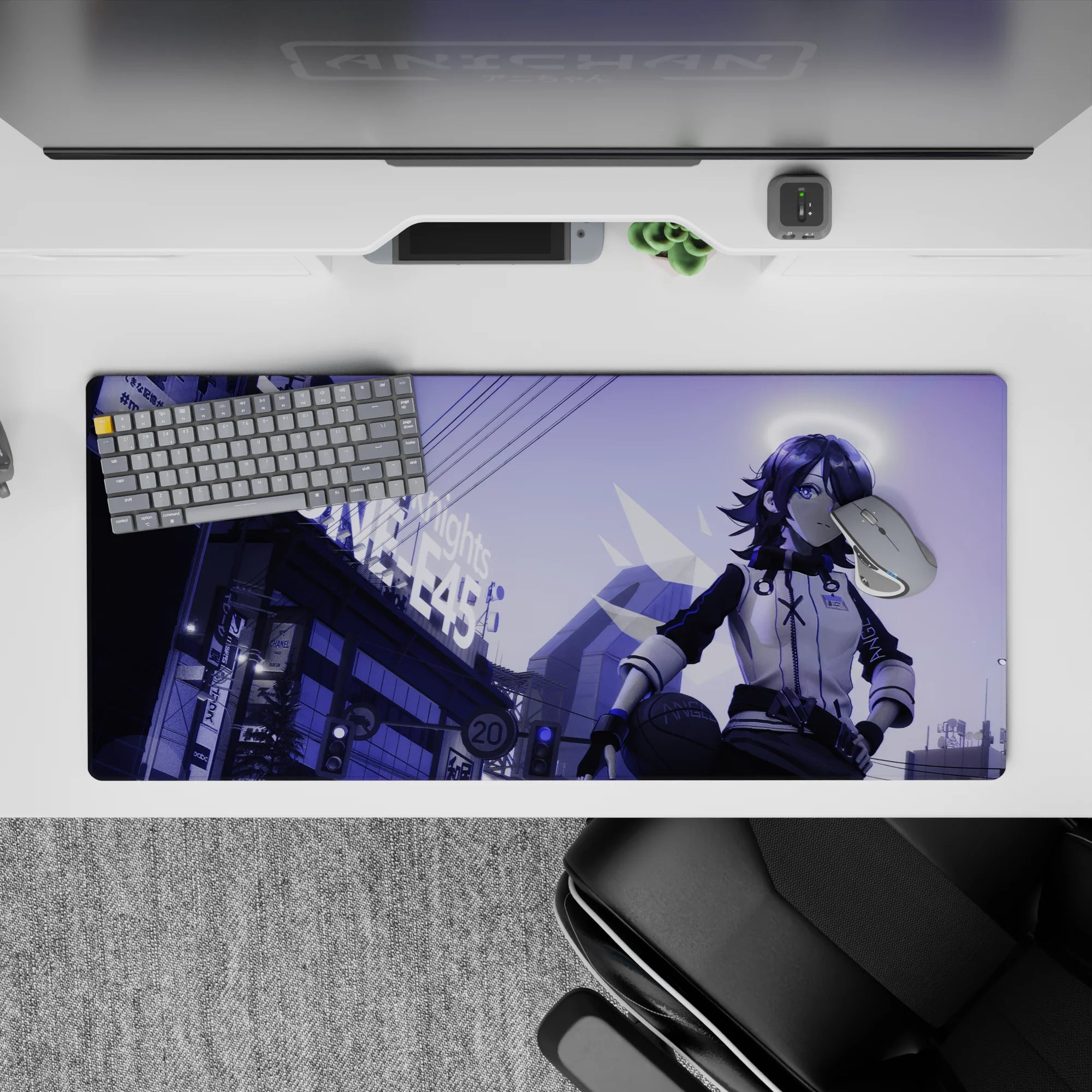 Violet haze neon cyberpunk anime desk pad 36x16 inches with deep purples and soft gradients for a late-night vibe.