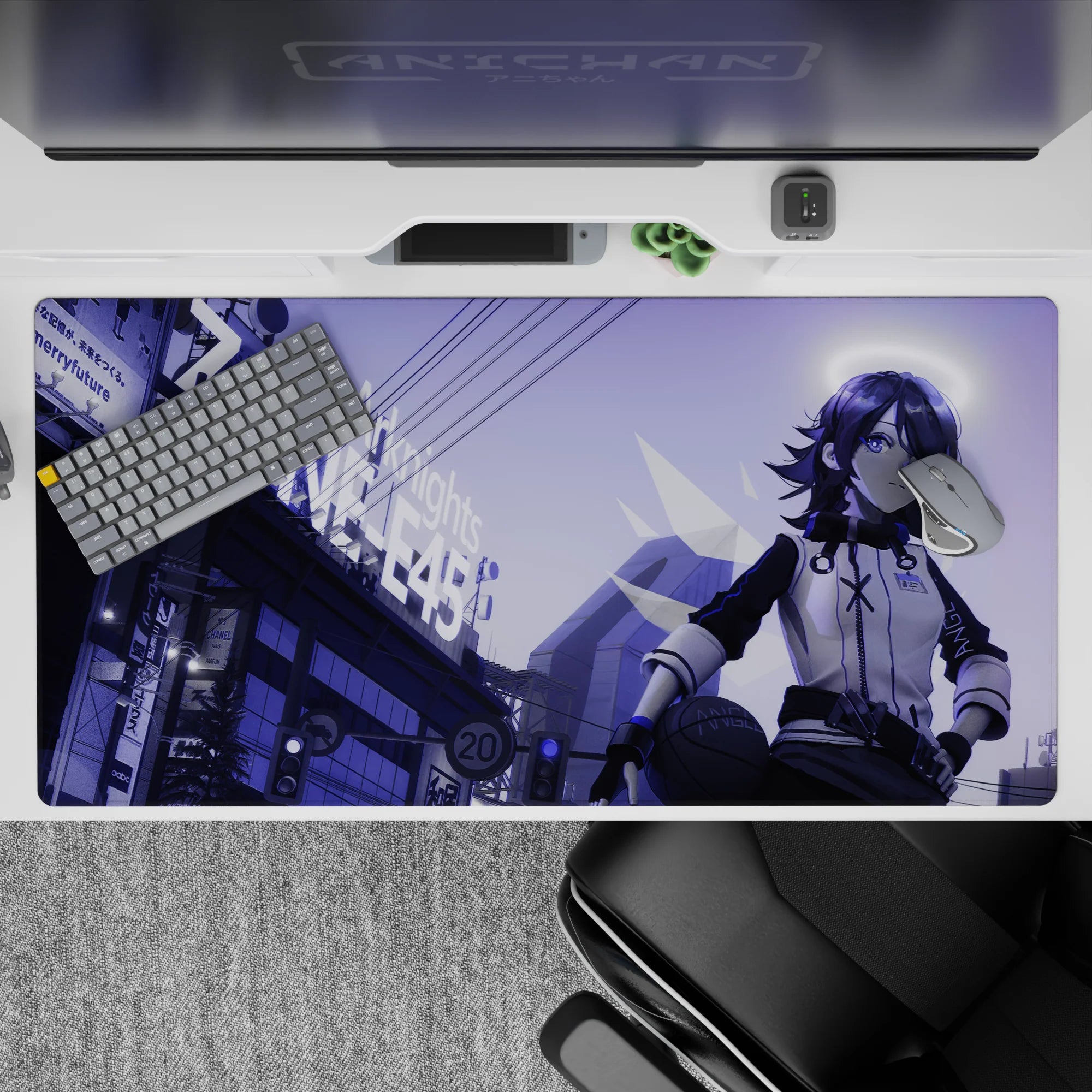 Violet haze neon anime desk pad 40x20 inches, deep purples and cool late-night arcade mood.