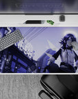 Violet haze neon anime desk pad 40x20 inches, deep purples and cool late-night arcade mood.